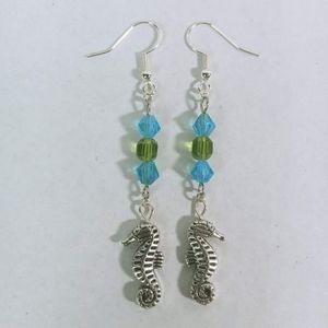 Playful seahorse earrings blue & green glass beads sea ocean life nautical